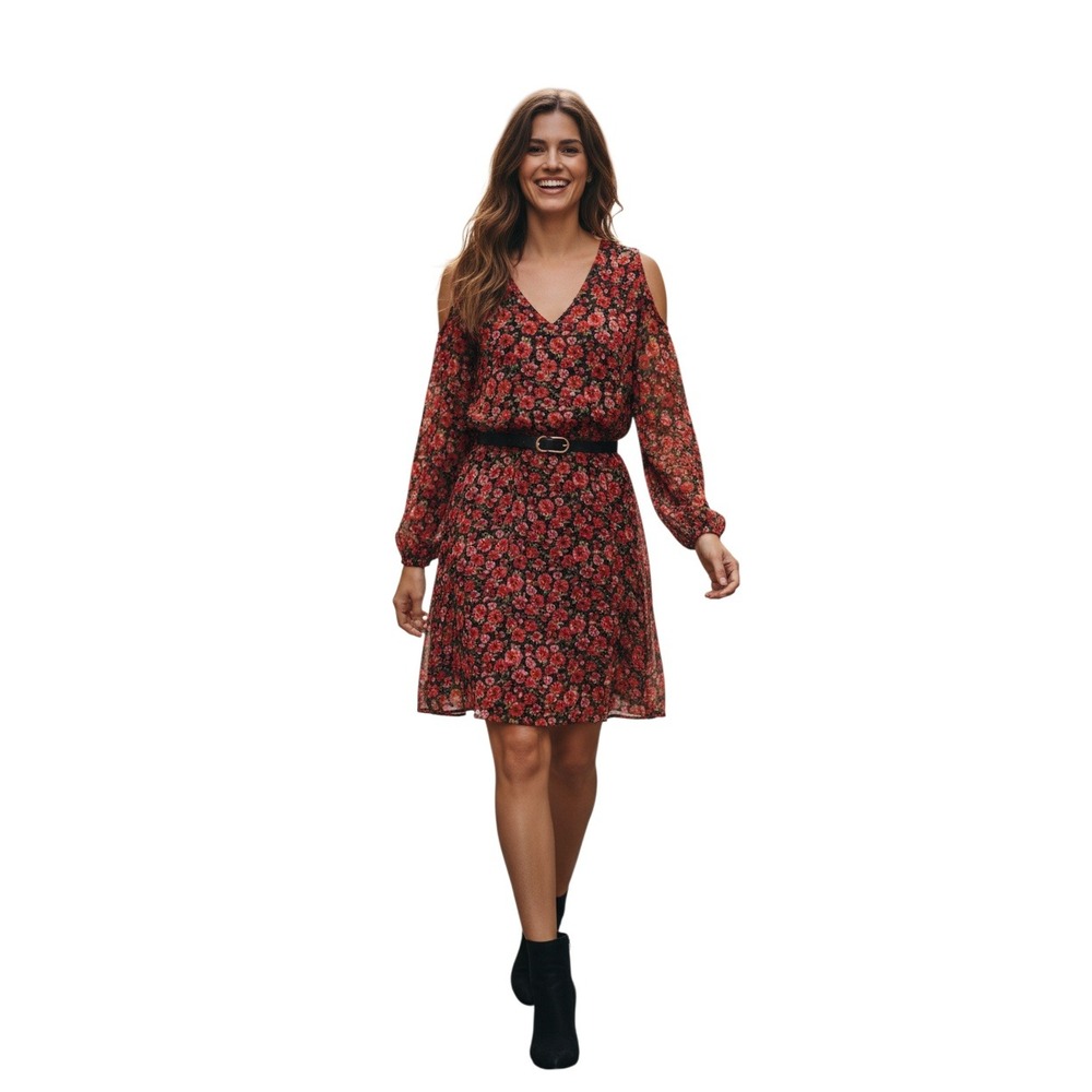 Lauren Ralph Lauren NWT Chic Floral Cold Shoulder Shift Dress Navy Red S/M $155